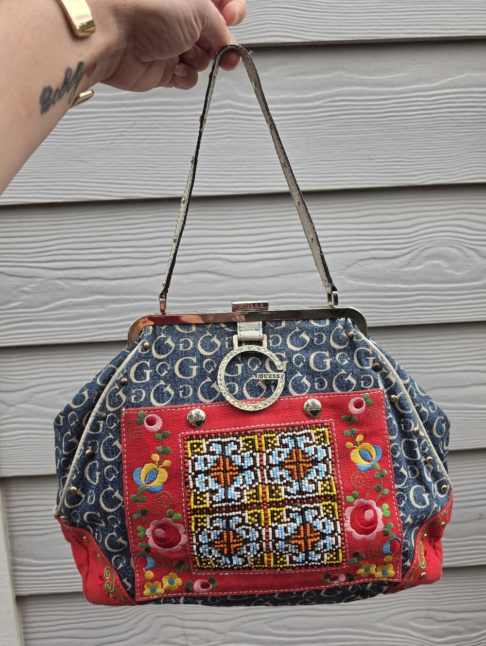 Vtg Y2K Guess Denim Embroidered Hand Bag Boho Chic Festival McBling Cottagecore - Picture 3 of 9